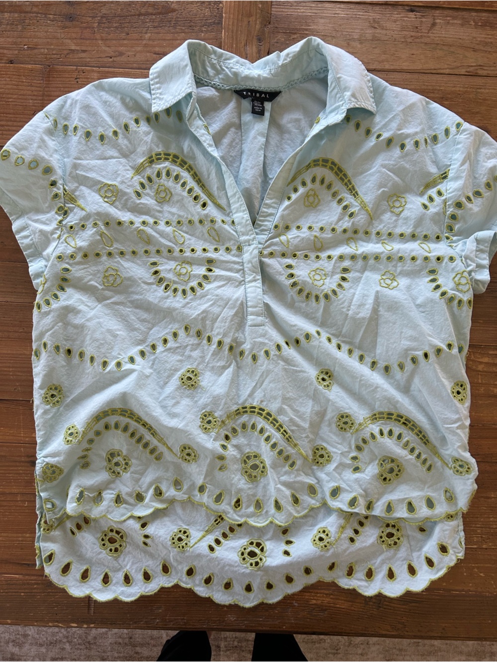 Tribal Light Blue Eyelet Embroidered Top with Yellow Accents